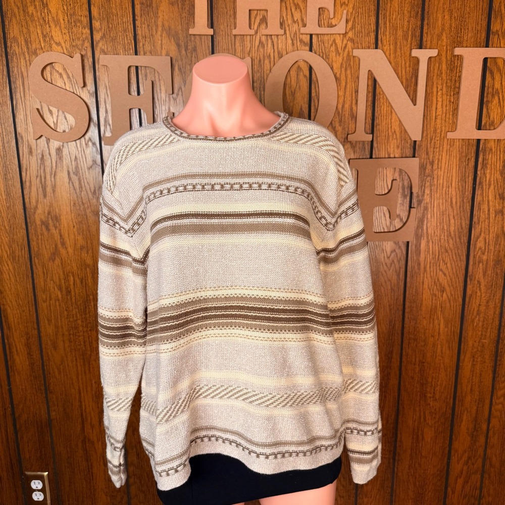 Eddie Bauer Sweater Womens XL Beige Striped Cotton Silk Knit Coastal Boho Sailor